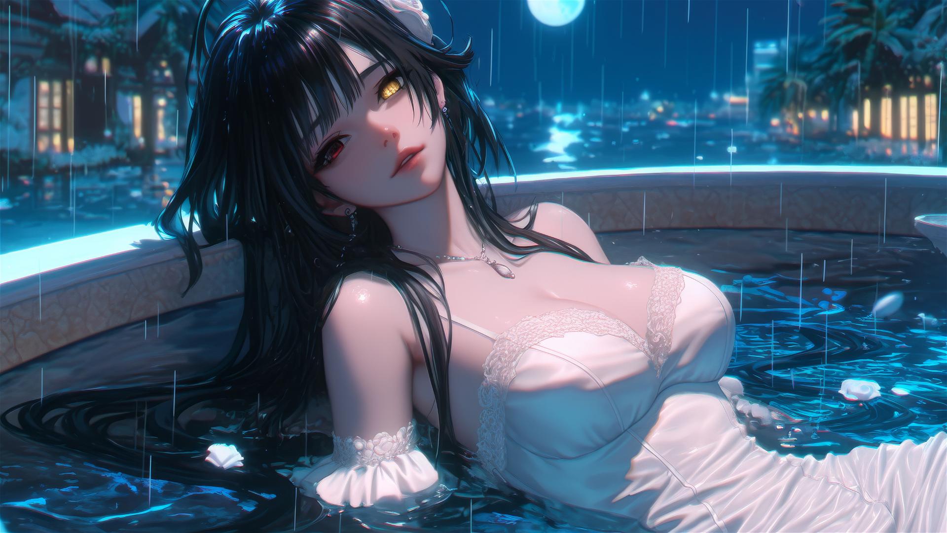 Kurumi Tokisaki resting in a tub, illuminated by moonlight, dressed in white.