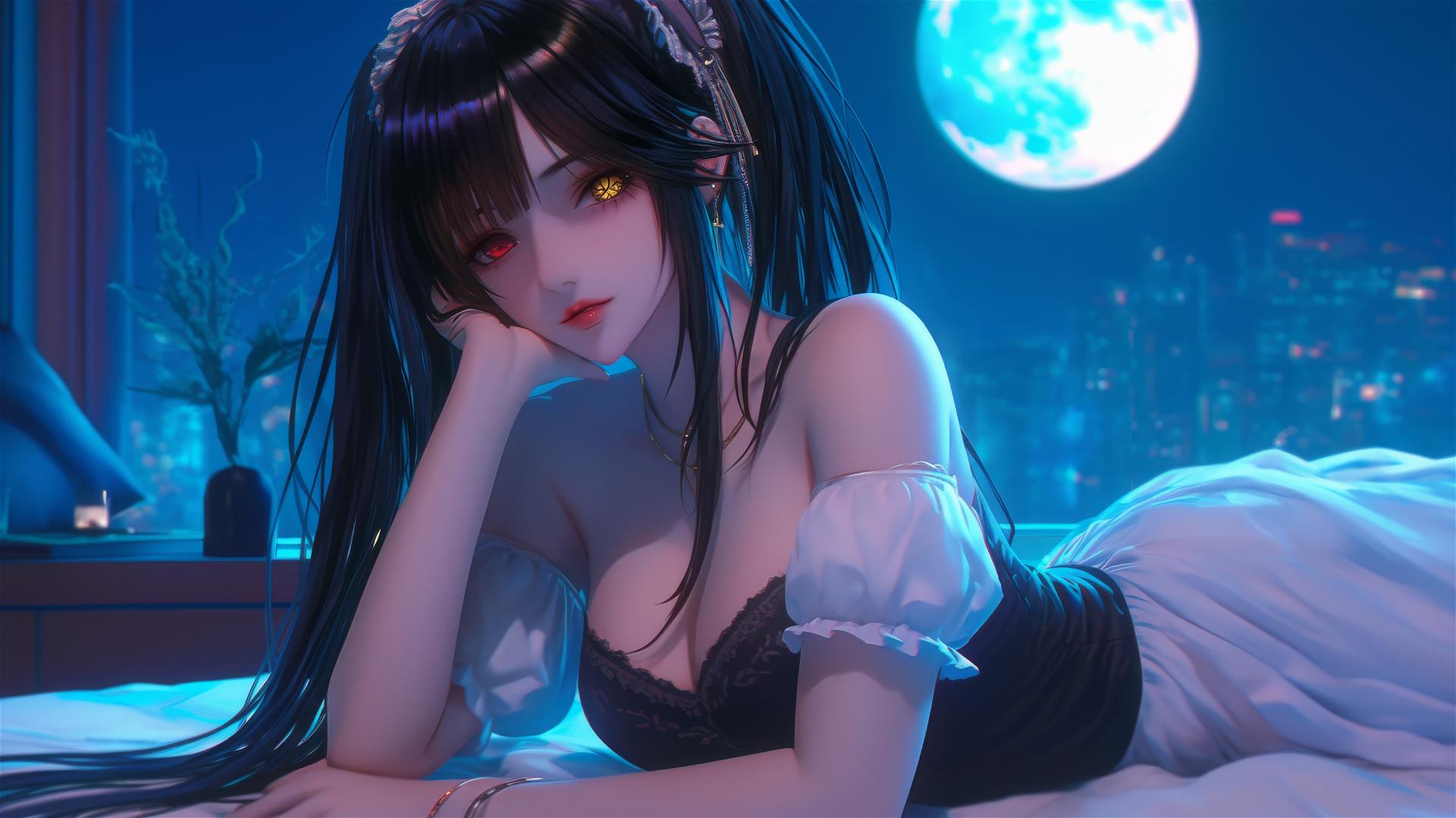 Kurumi Tokisaki in modern hotel room under moonlight