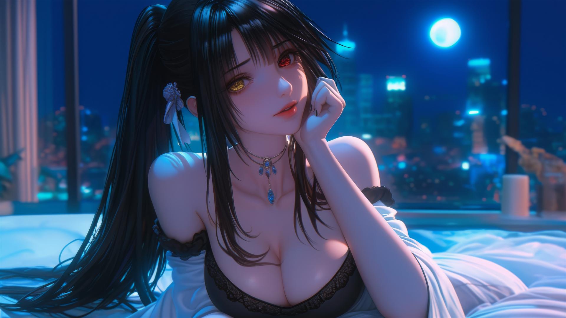 Kurumi Tokisaki resting in modern hotel room, moonlight, one red eye, one yellow eye