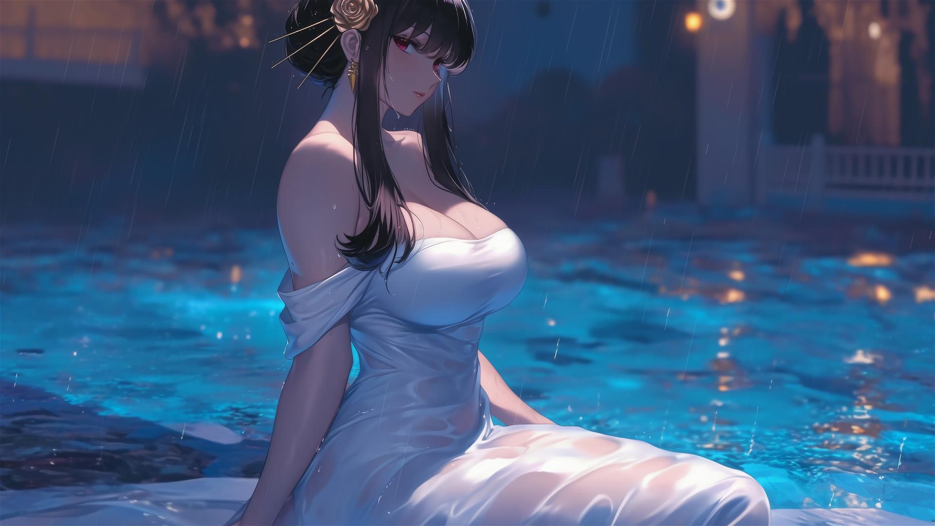 Yor Forger from Spy x Family in pure white dress resting by a rainy pool under moonlight.