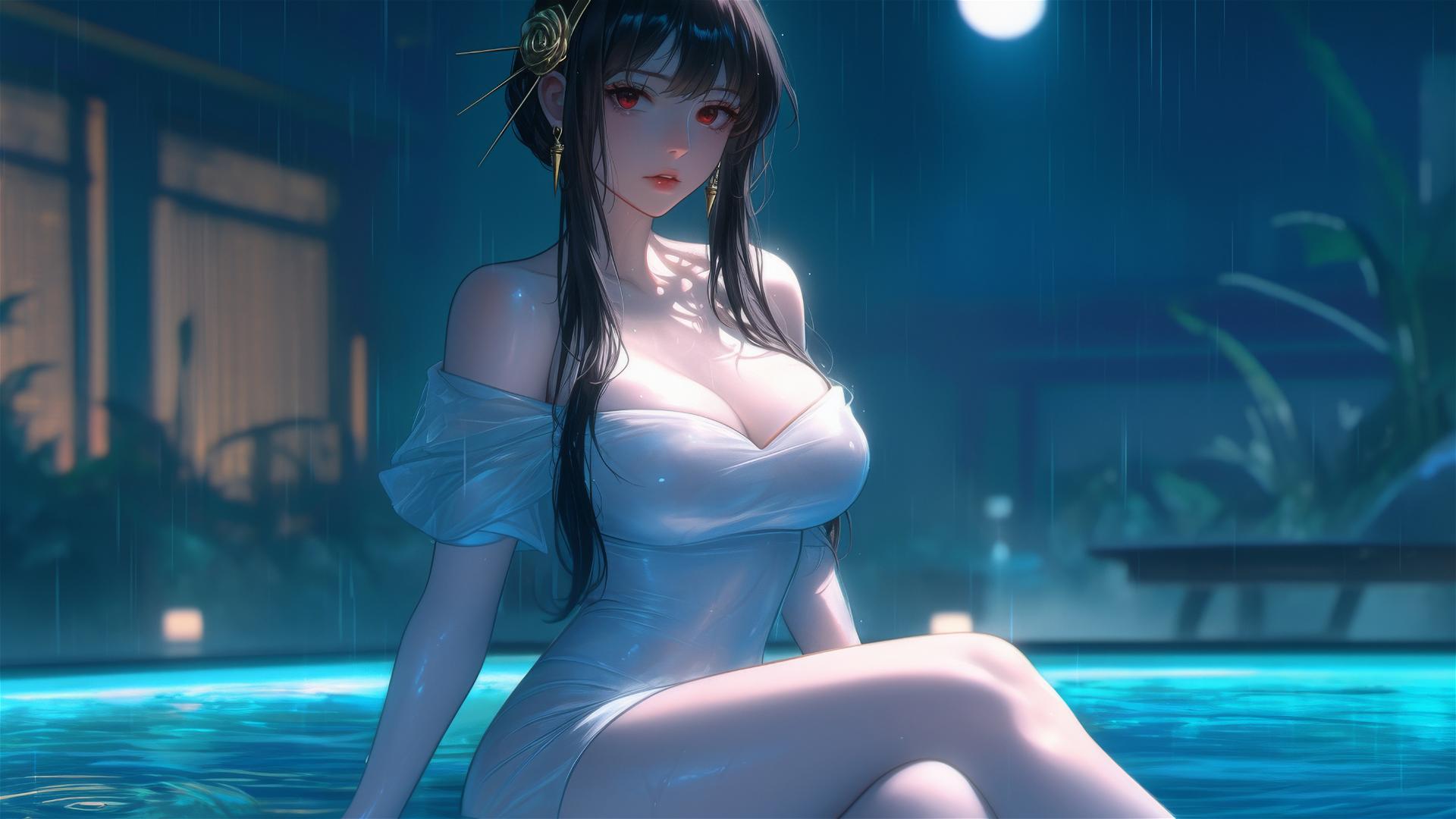 Yor Forger in a white dress, resting by a rainy pool under moonlight