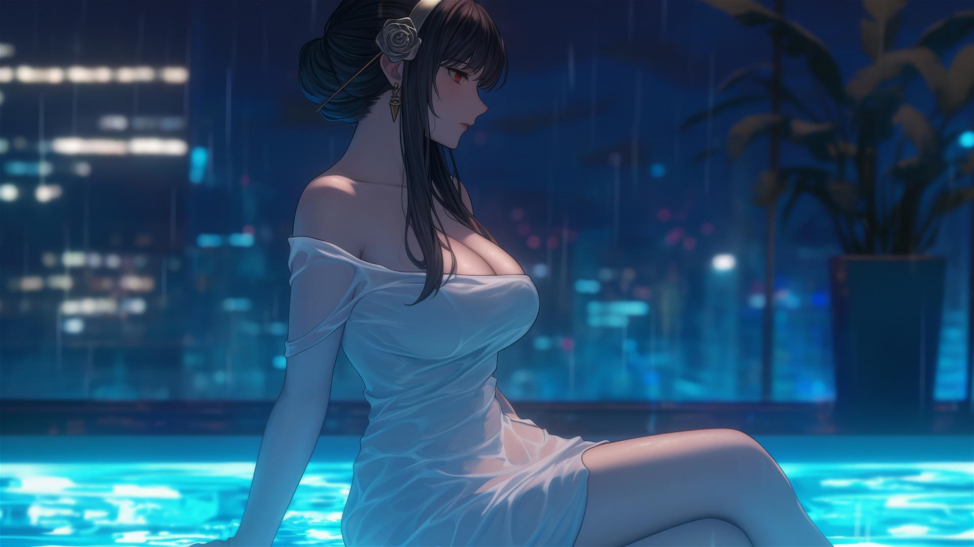 Yor Forger in pure white dress resting at rainy pool under moonlight