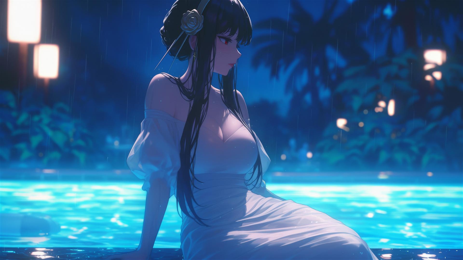 Yor Forger from Spy x Family in a white dress at a rainy pool with moonlight