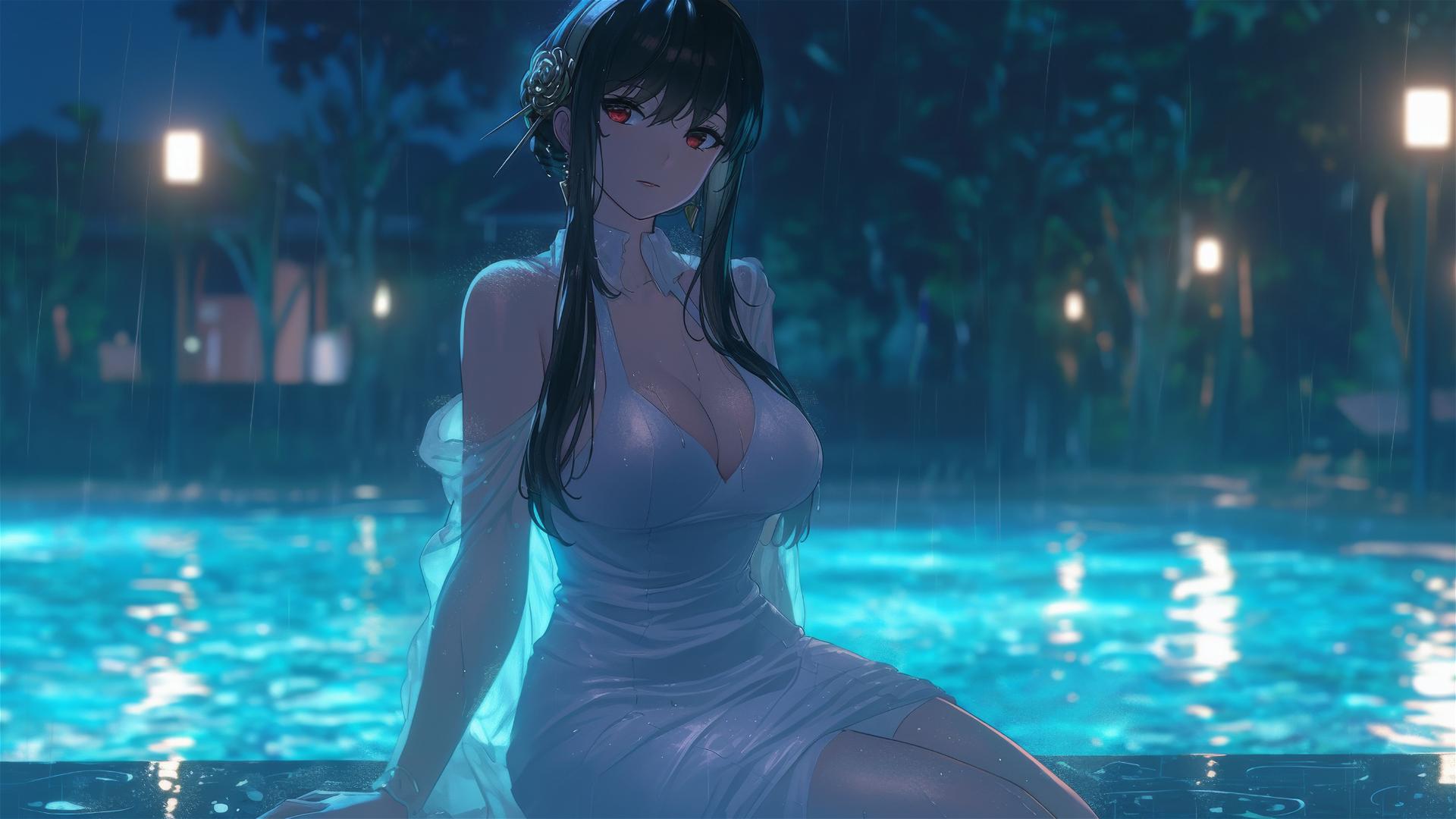 Yor Forger by a rainy pool in a pure white dress, moonlit.