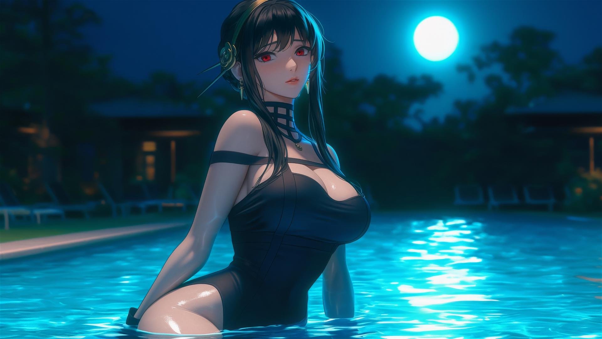 Yor Forger in bunny girl outfit resting by pool under moonlight