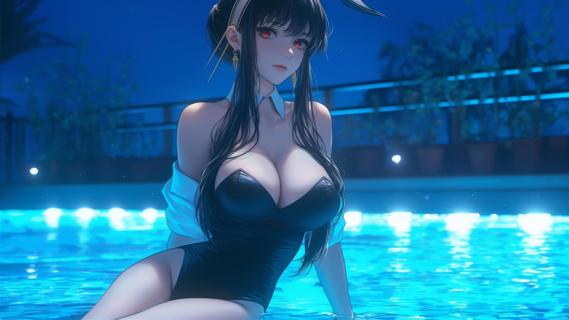 Yor Forger as Bunny Girl by Poolside under Moonlight