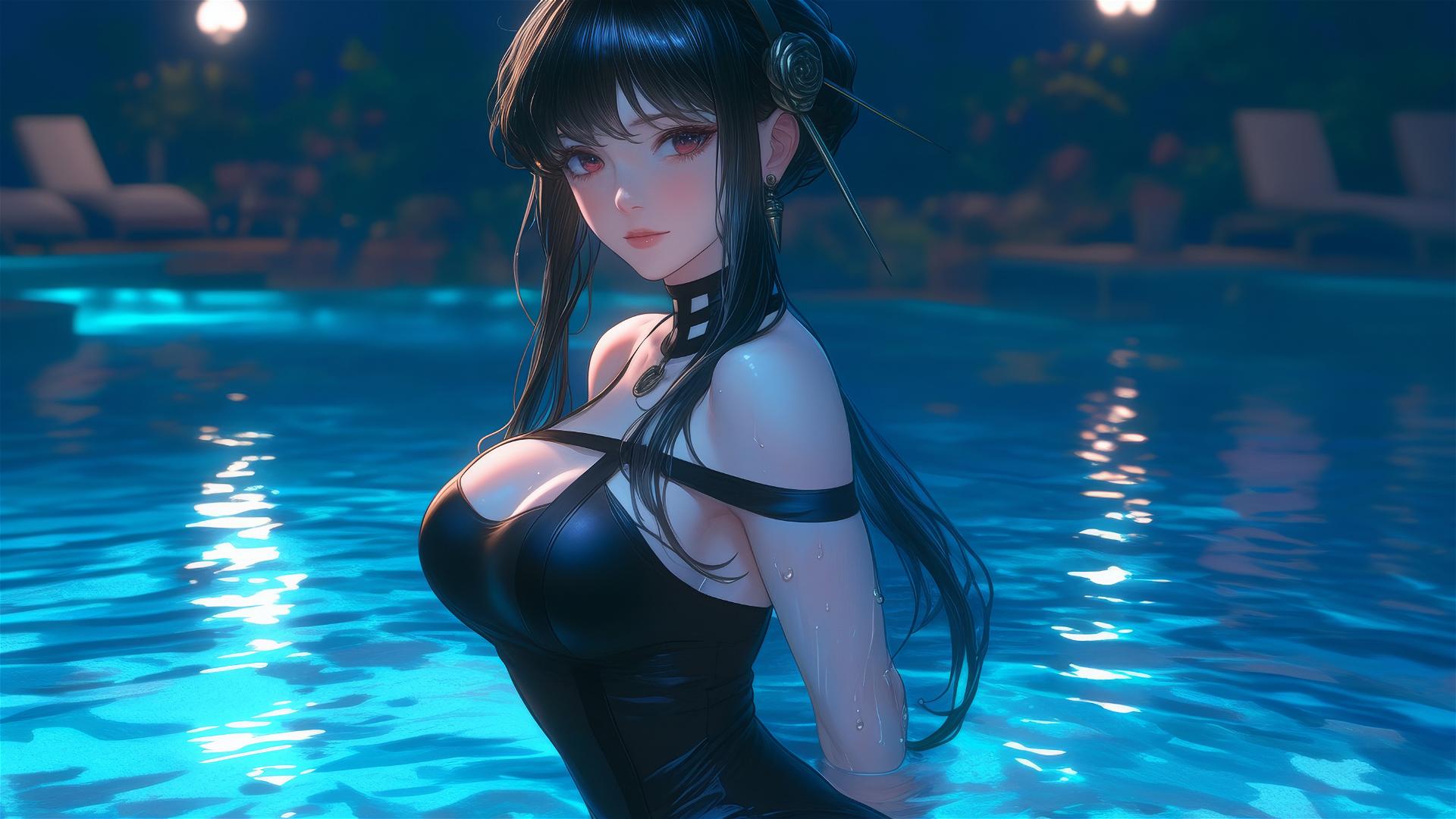 Yor Forger from Spy x Family in a bunny girl outfit, standing in a moonlit pool