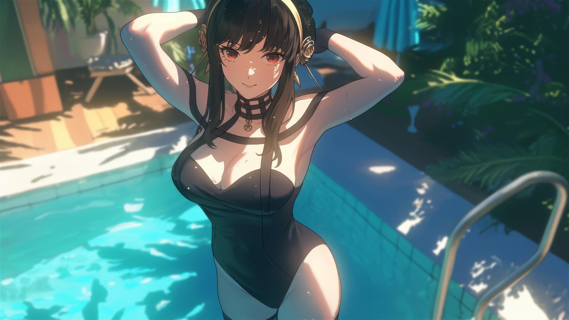 Yor Forger in bunny girl costume in moonlit pool
