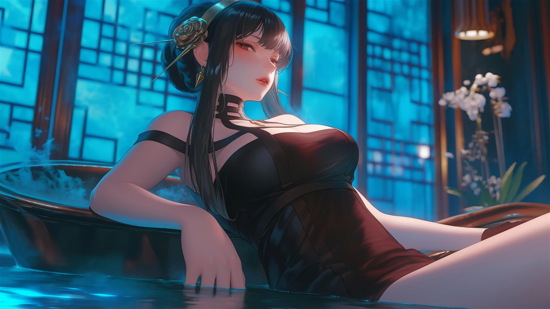 Yor Forger from Spy x Family resting in a tub with moonlight casting a glow