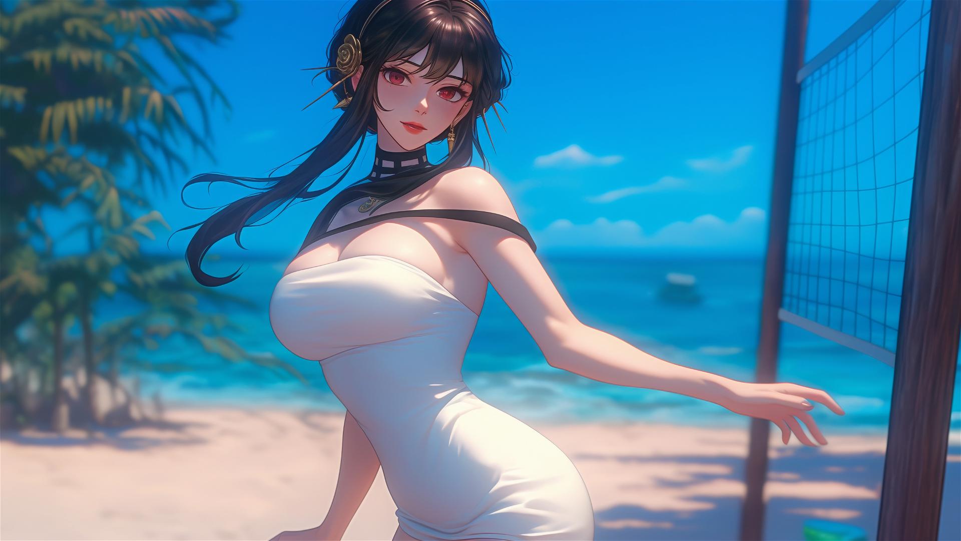 Yor Forger playing beach volleyball in a beach dress under sunny skies.
