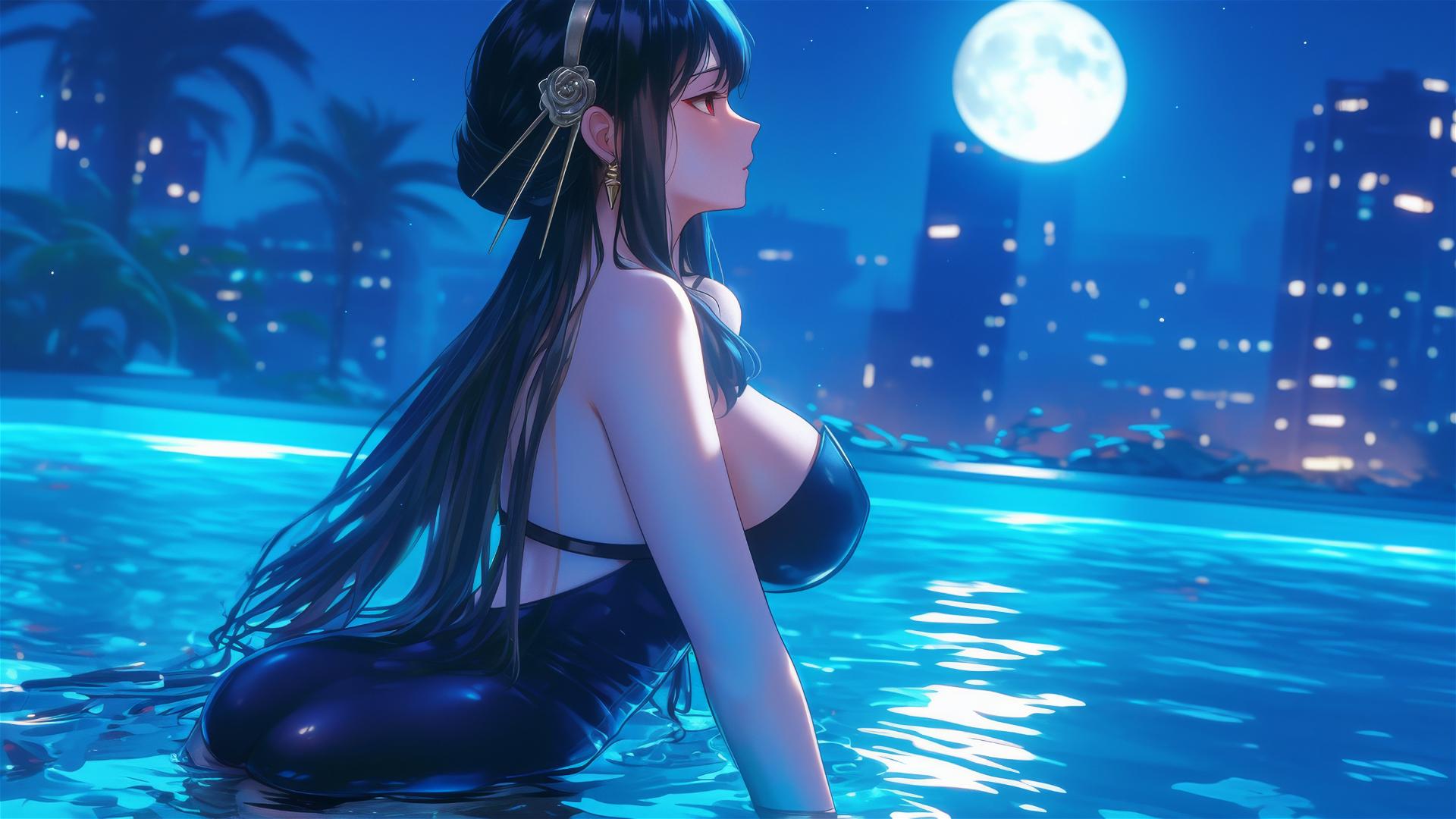 Yor Forger in a bunny girl outfit standing in a pool under moonlight