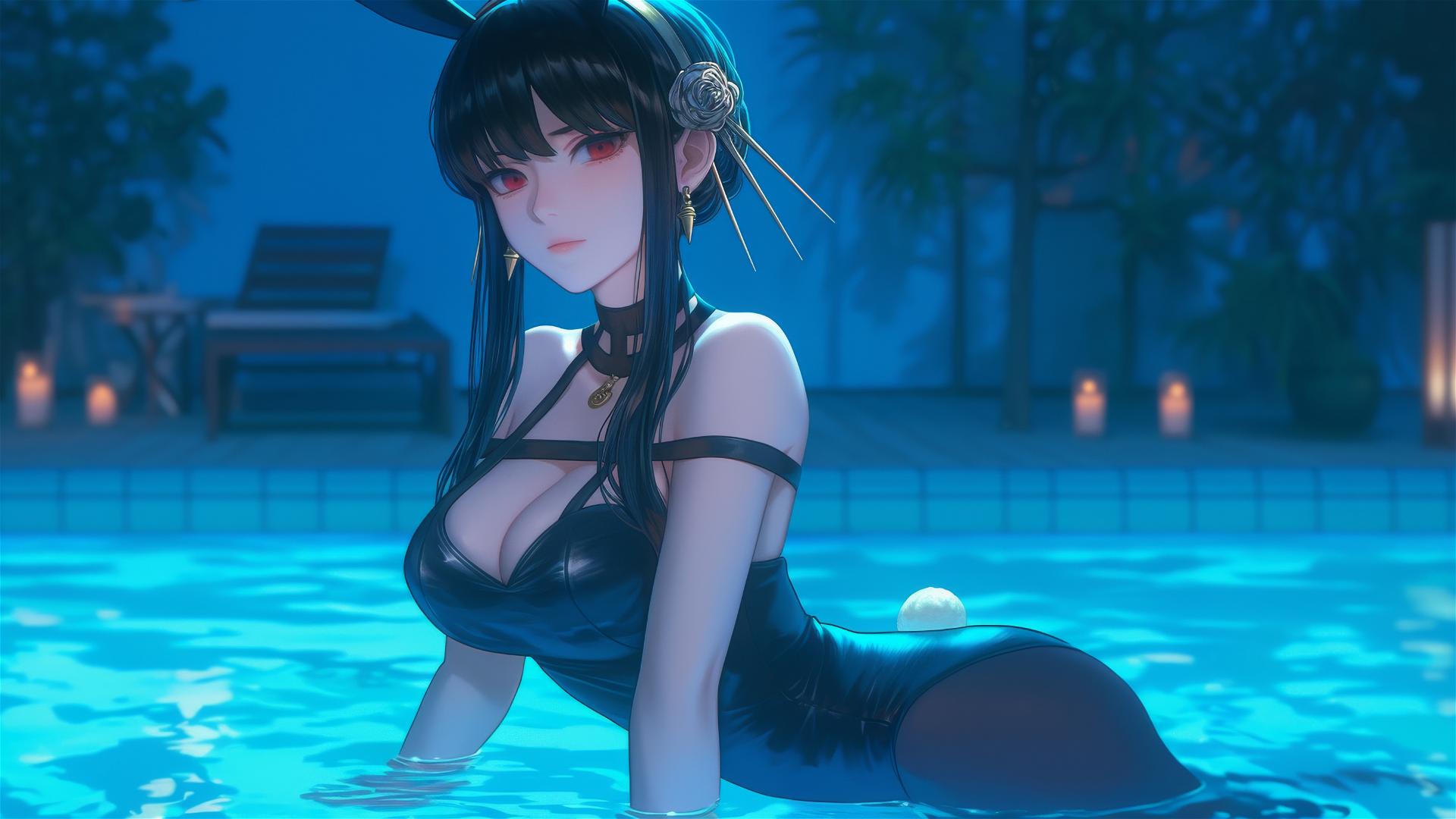 Yor Forger in bunny girl style resting by pool under moonlight