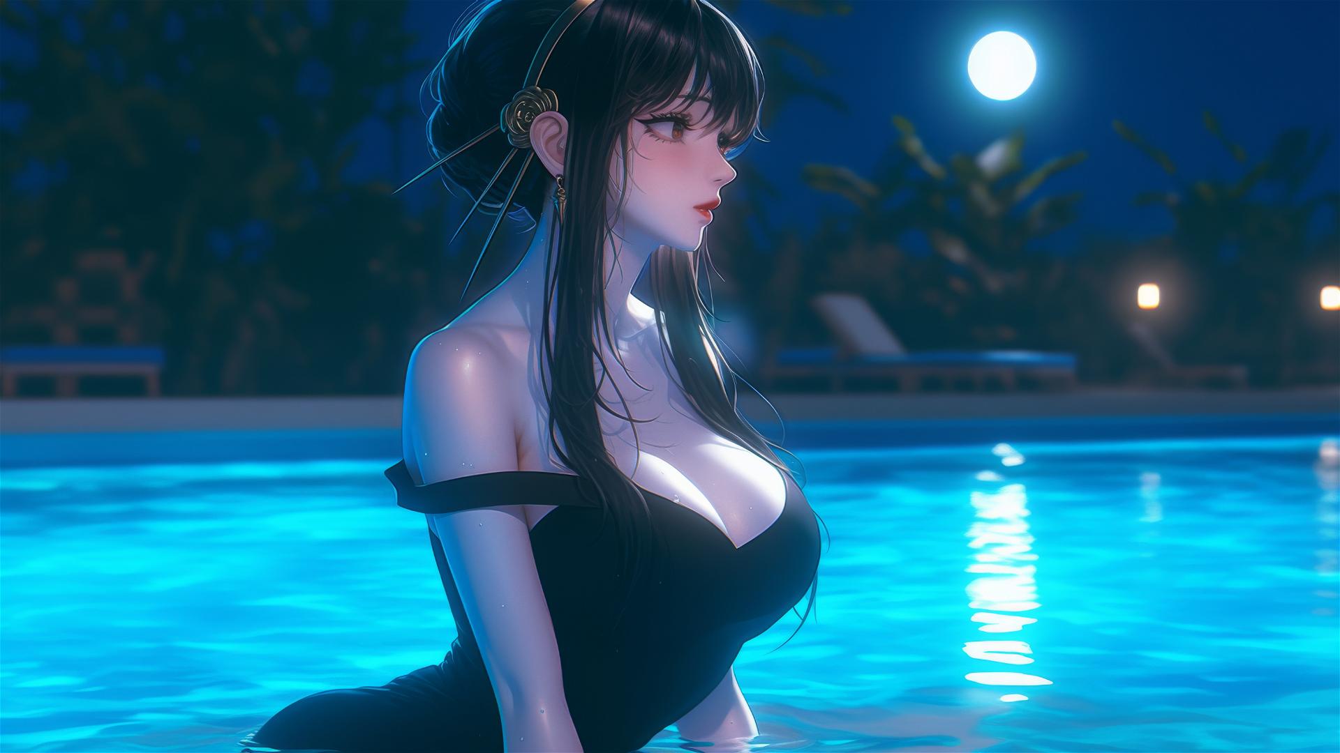 Yor Forger as a bunny girl, resting by the pool under moonlight