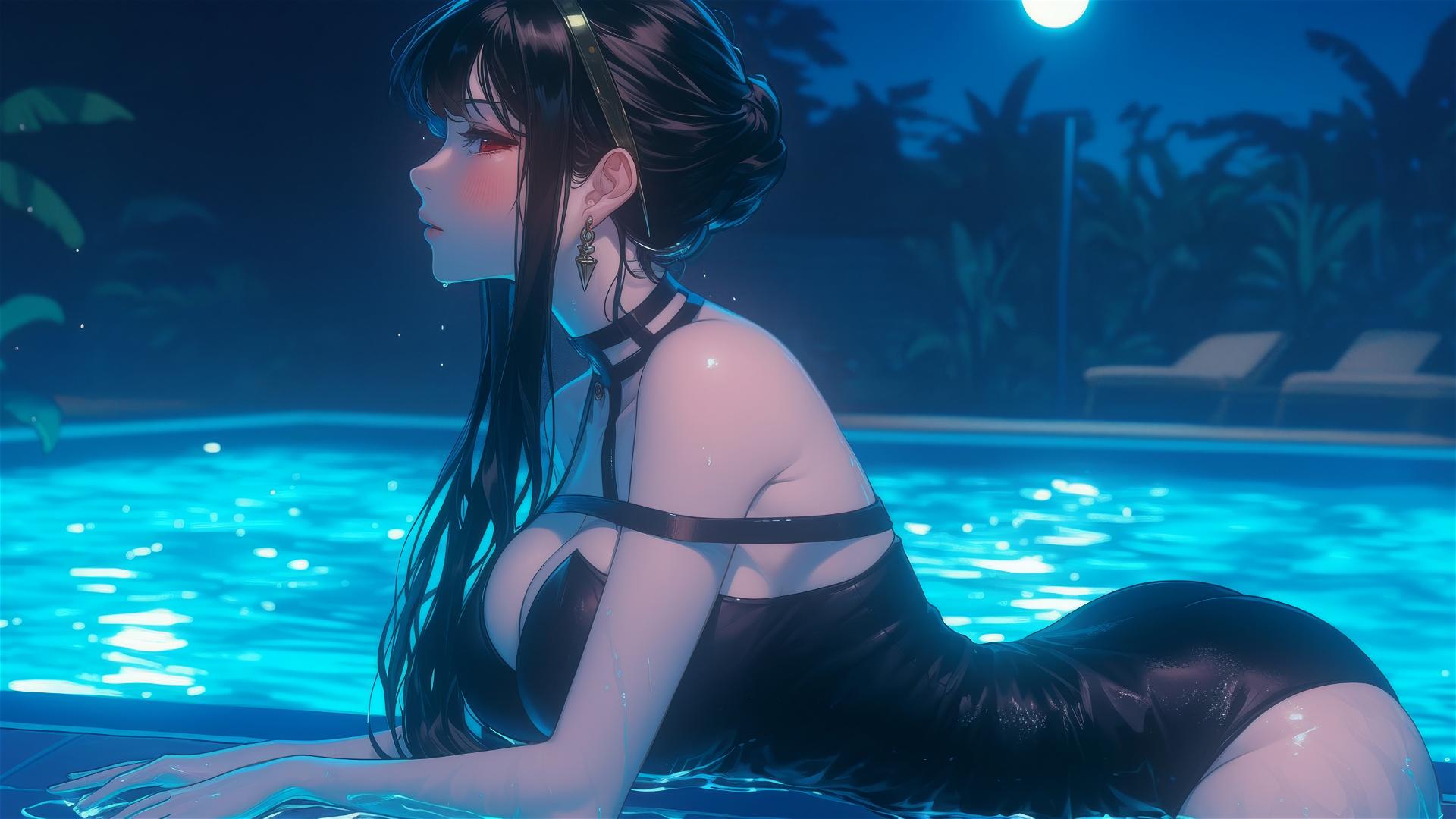Yor Forger in bunny girl outfit resting by swimming pool under moonlight
