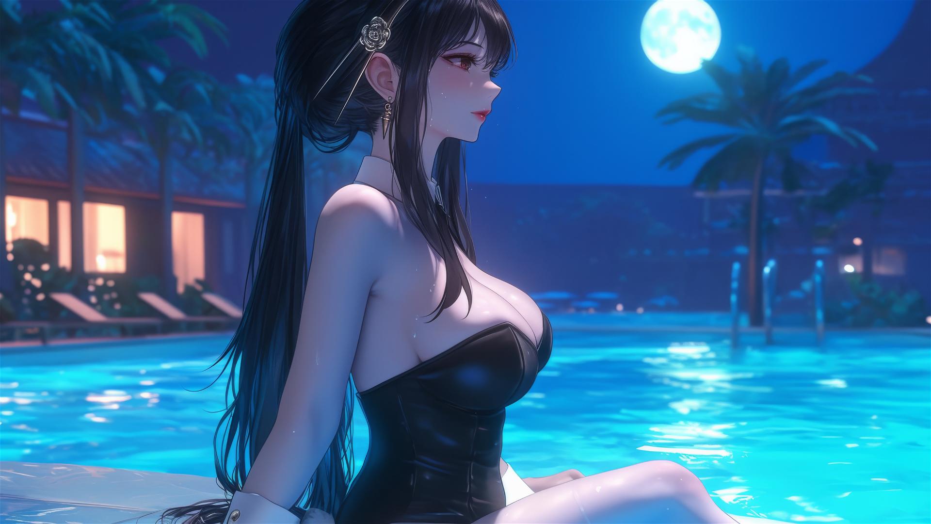 Yor Forger in bunny girl outfit resting at pool under moonlight
