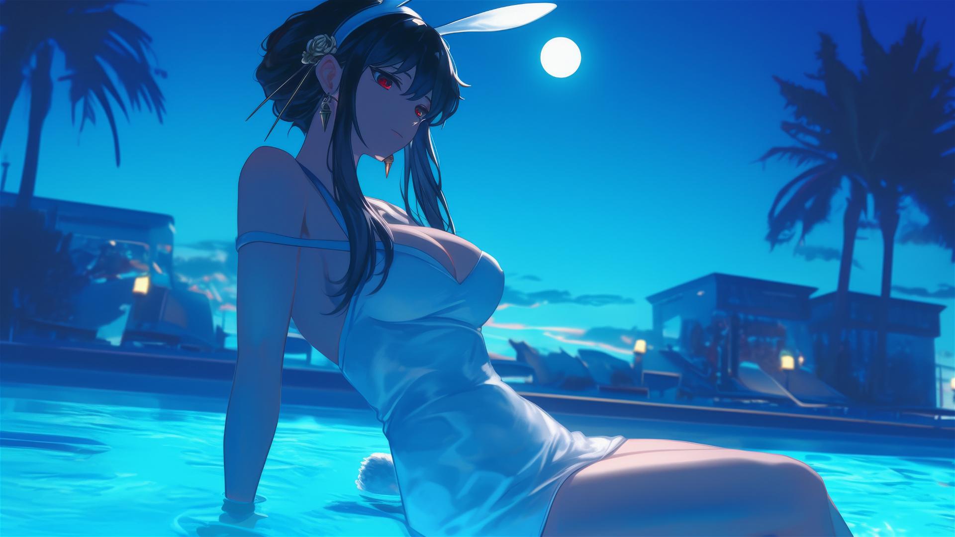 Yor Forger in a white bunny dress by the pool under moonlight