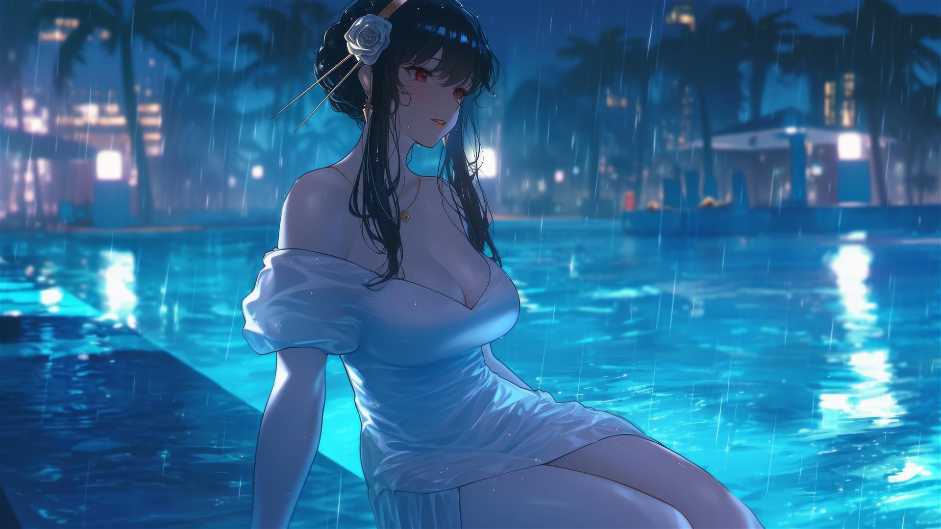 Yor Forger in white dress by rainy pool under moonlight