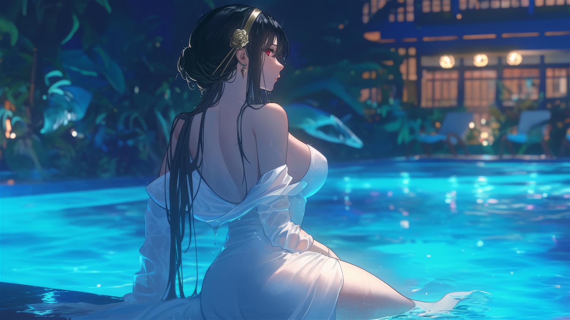 Yor Forger in white dress resting by rainy pool under moonlight