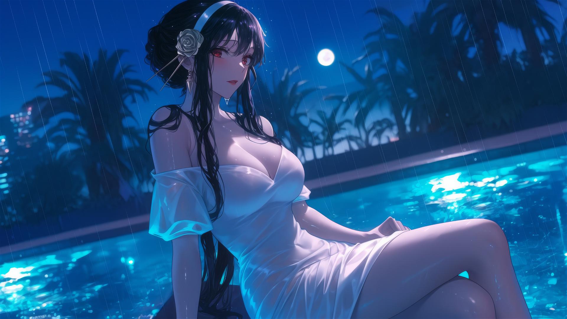 Yor Forger in white dress reclines by rainy pool under moonlit glow