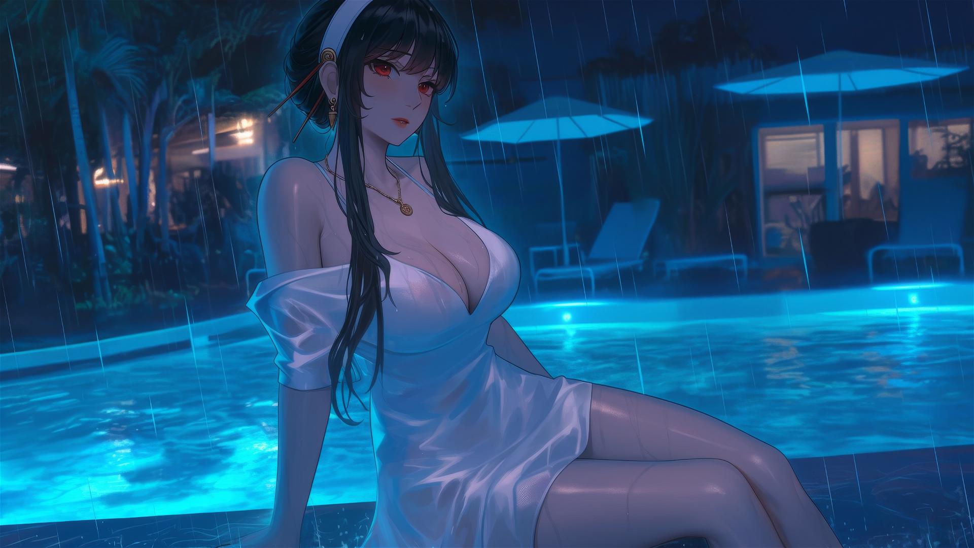Yor Forger in white dress by moonlit rainy pool