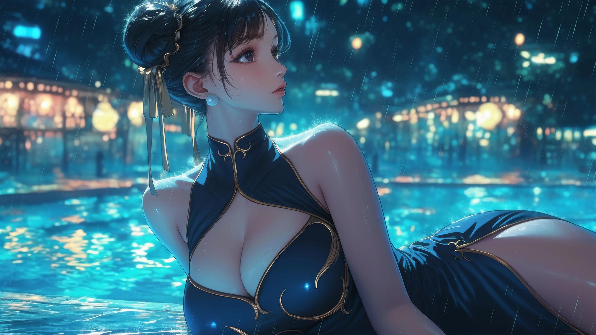 Chun Li in a black dress resting at a rainy swimming pool with moonlight glow
