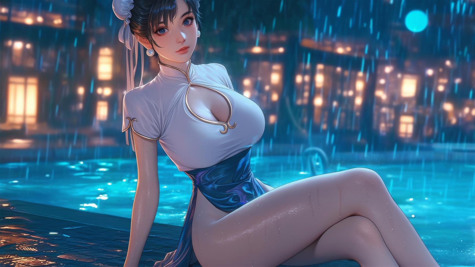 Chun Li in a white dress, resting by a rainy swimming pool under moonlight.