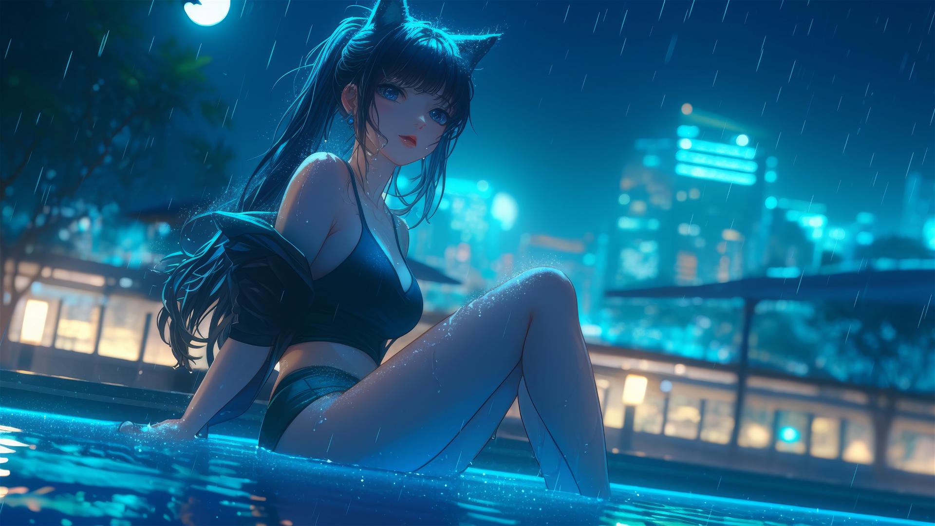 Kawaii cat girl resting by a moonlit pool in the rain