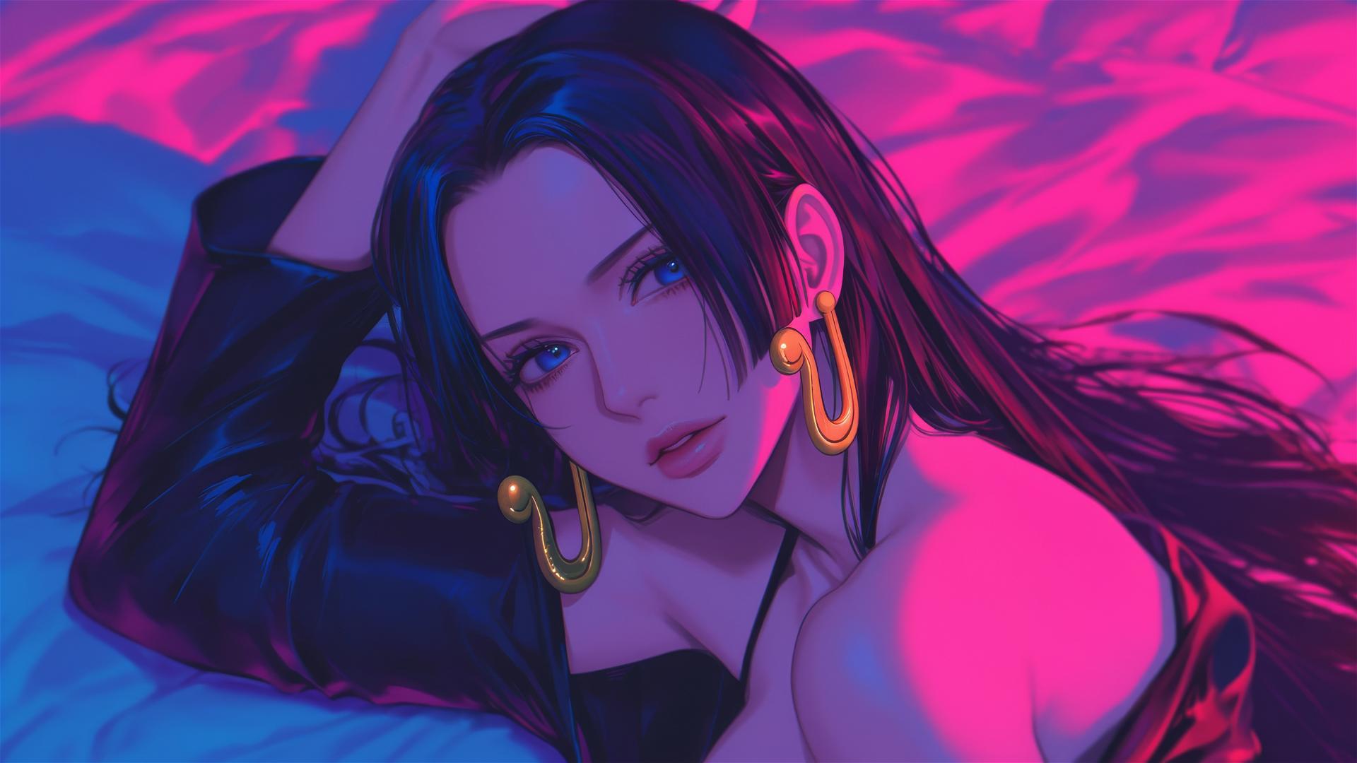 Boa Hancock from One Piece in bed, black and pink leather, long hair, gold earrings, neon colors, pink background.