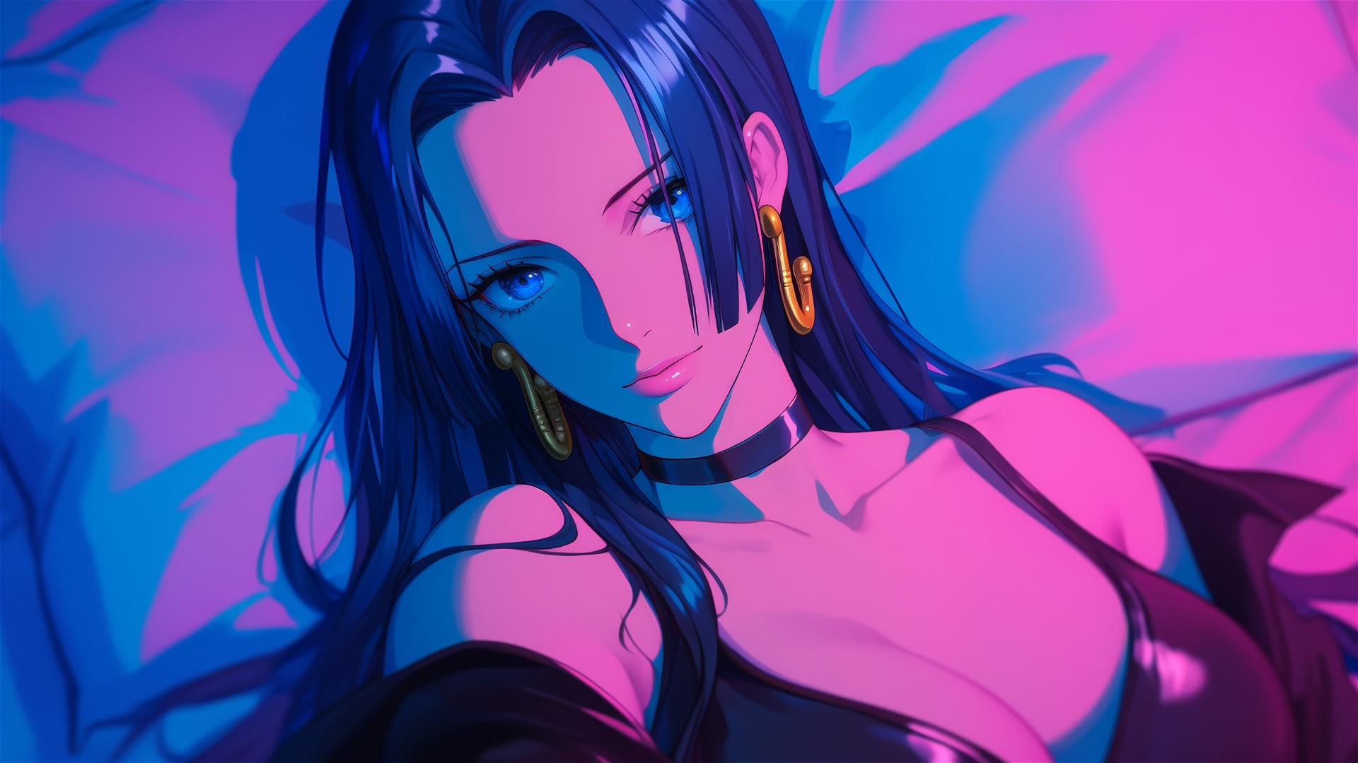Boa Hancock from One Piece in bed, wearing black and pink leather, pink background
