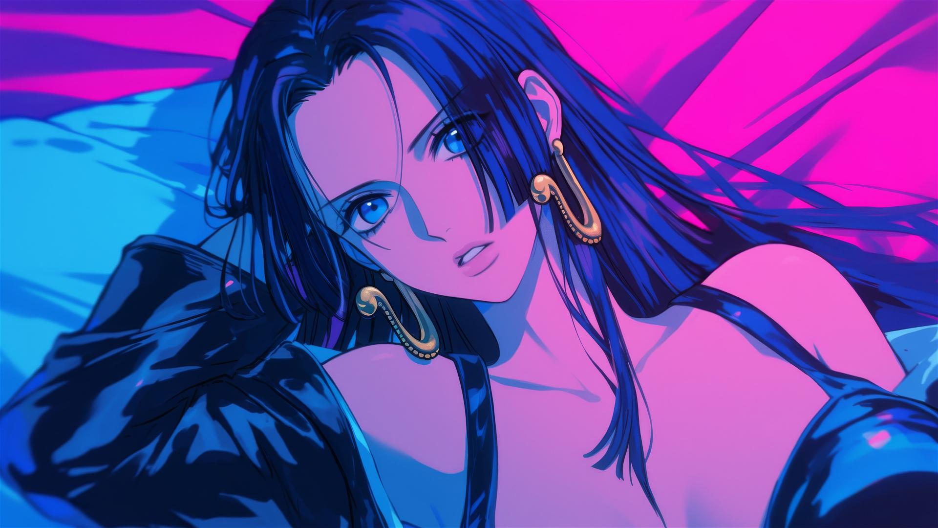 High angle of Boa Hancock from One Piece in bed, wearing black and pink leather, neon colors, pink background, high contrast.