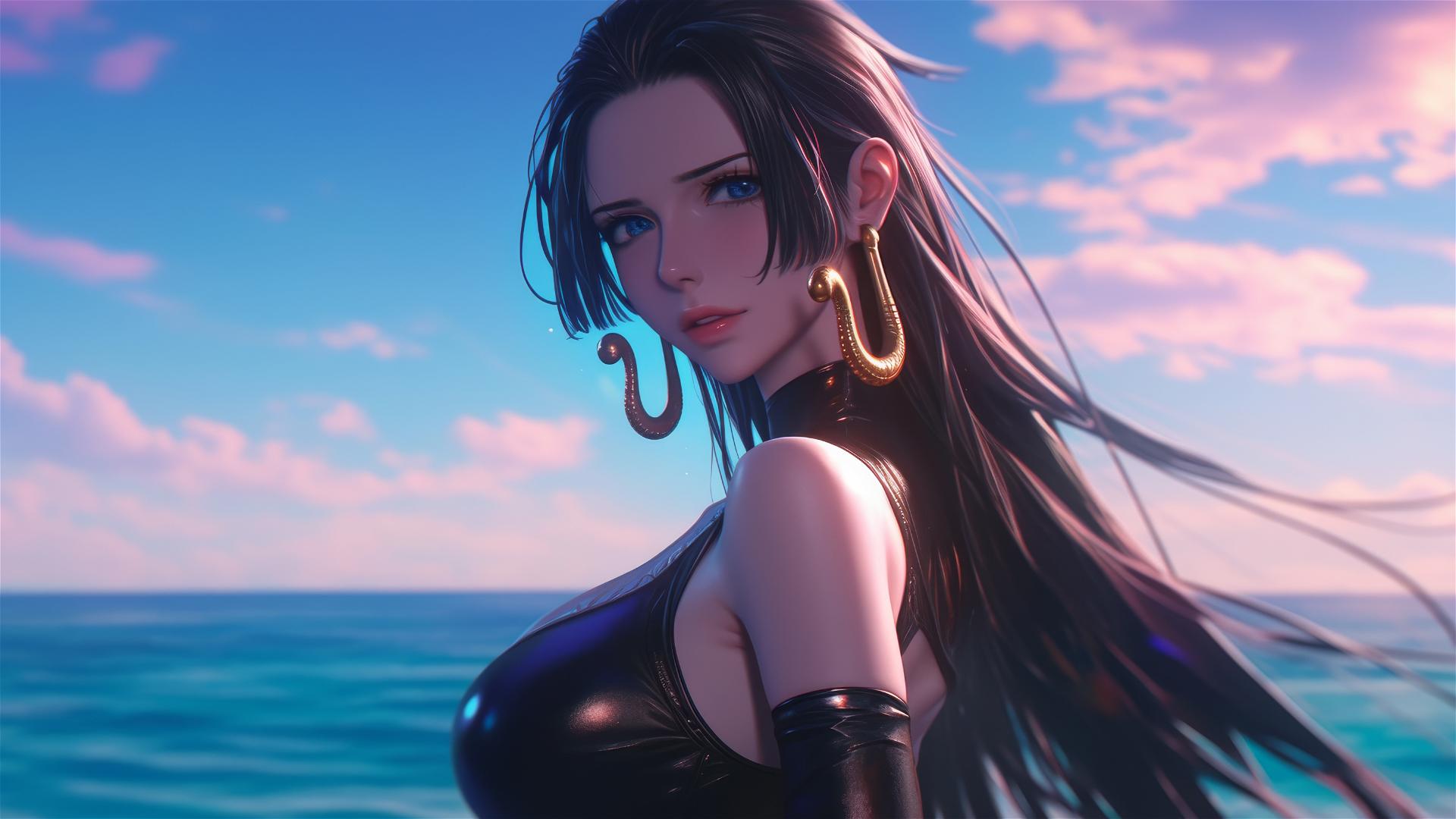 Boa Hancock from One Piece walks on a sunset beach in black and pink leather against a neon pink sky.