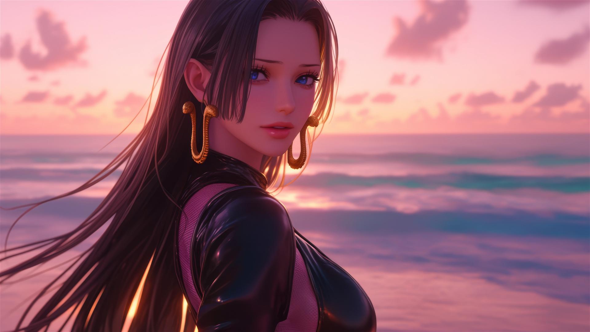 Boa Hancock striding confidently on beach at sunset in black and pink leather outfit, neon pink sky.
