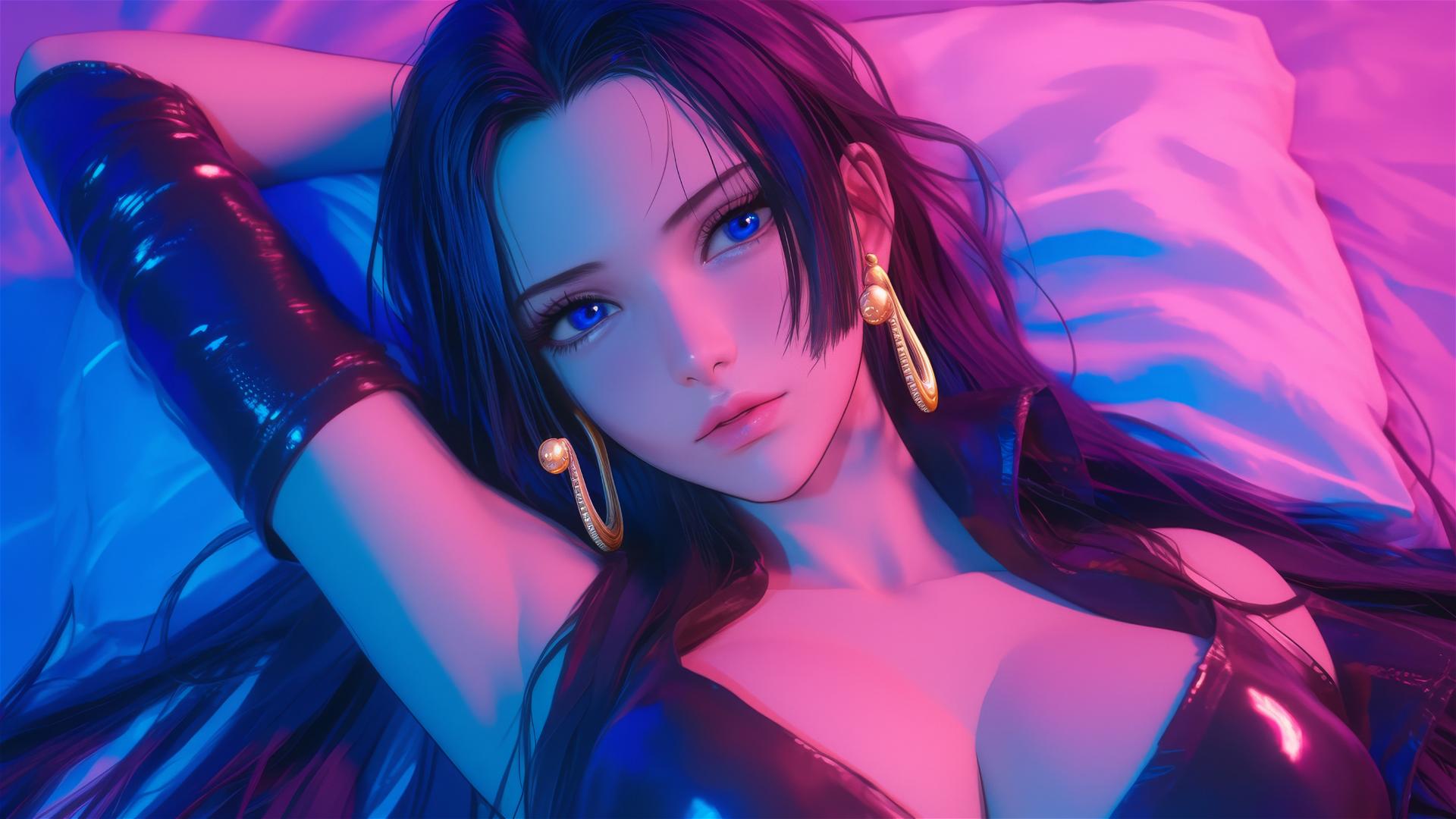 Boa Hancock from One Piece in bed in black and pink leather with gold earrings