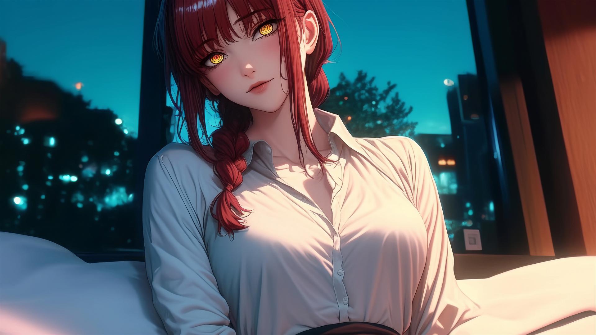 High angle shot of Makima with reddish hair lying in bed.
