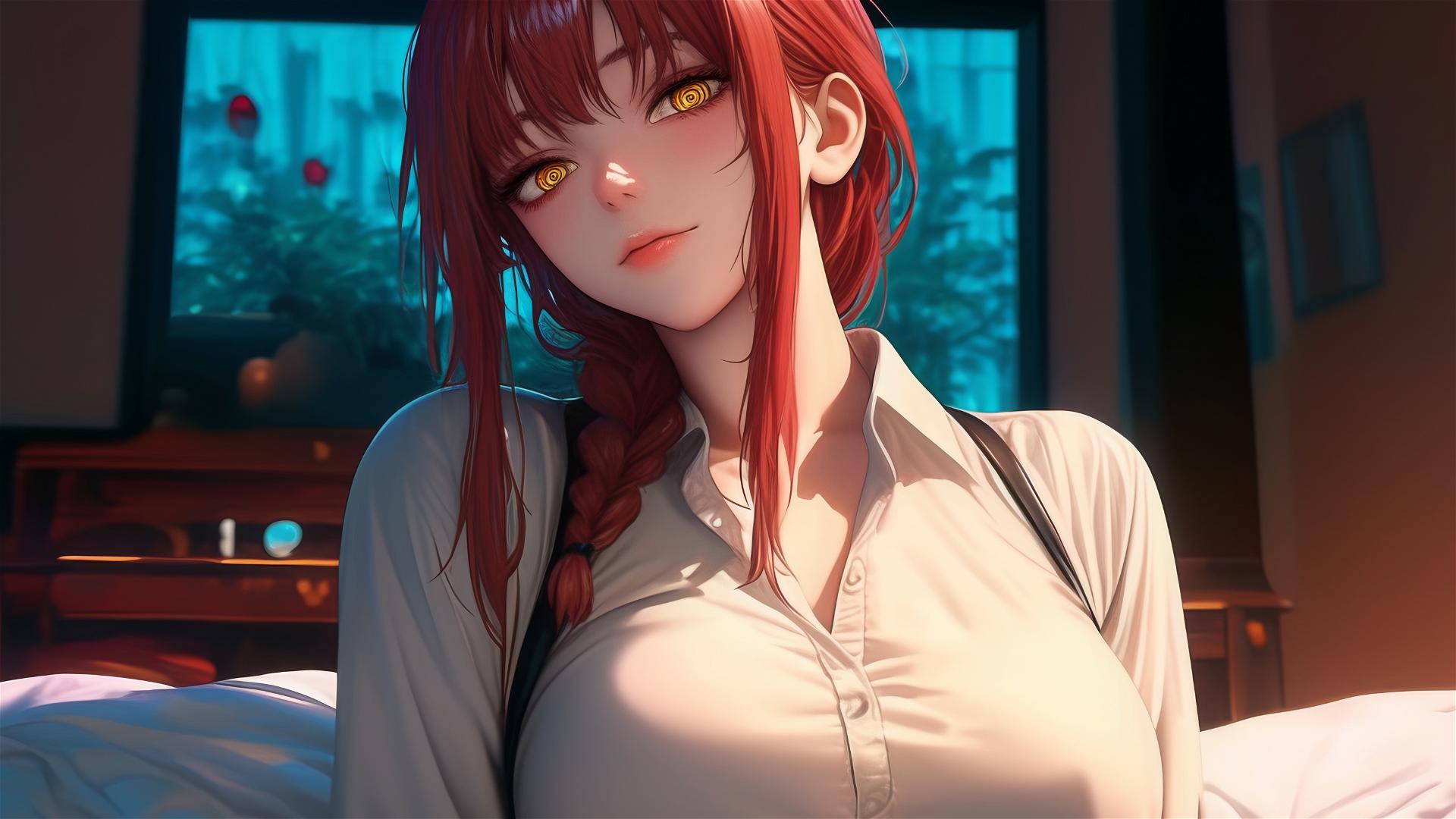 High angle of Makima from Chainsaw Man in bed with reddish hair.