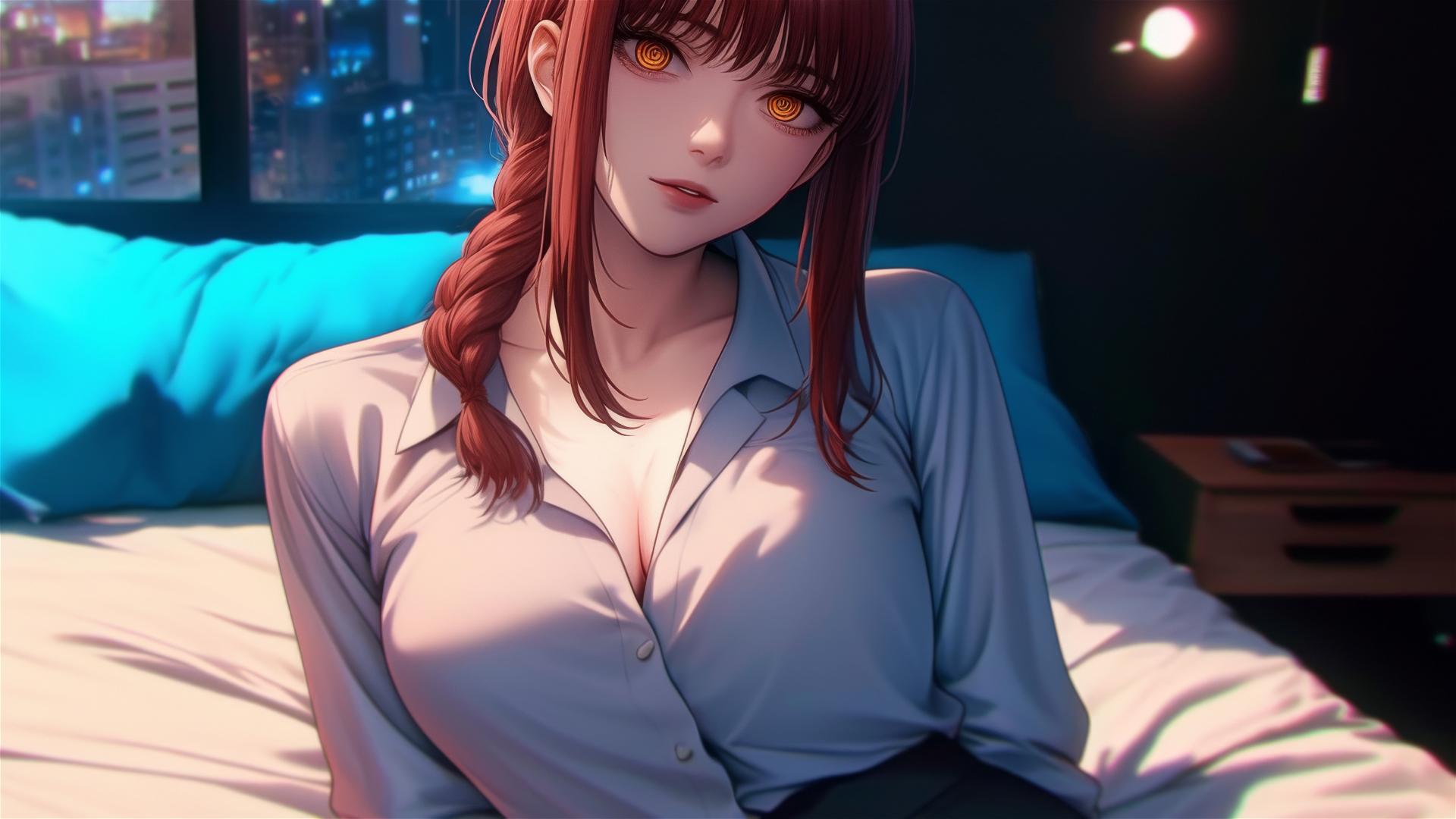 Makima from Chainsaw Man resting in bed with wet red hair