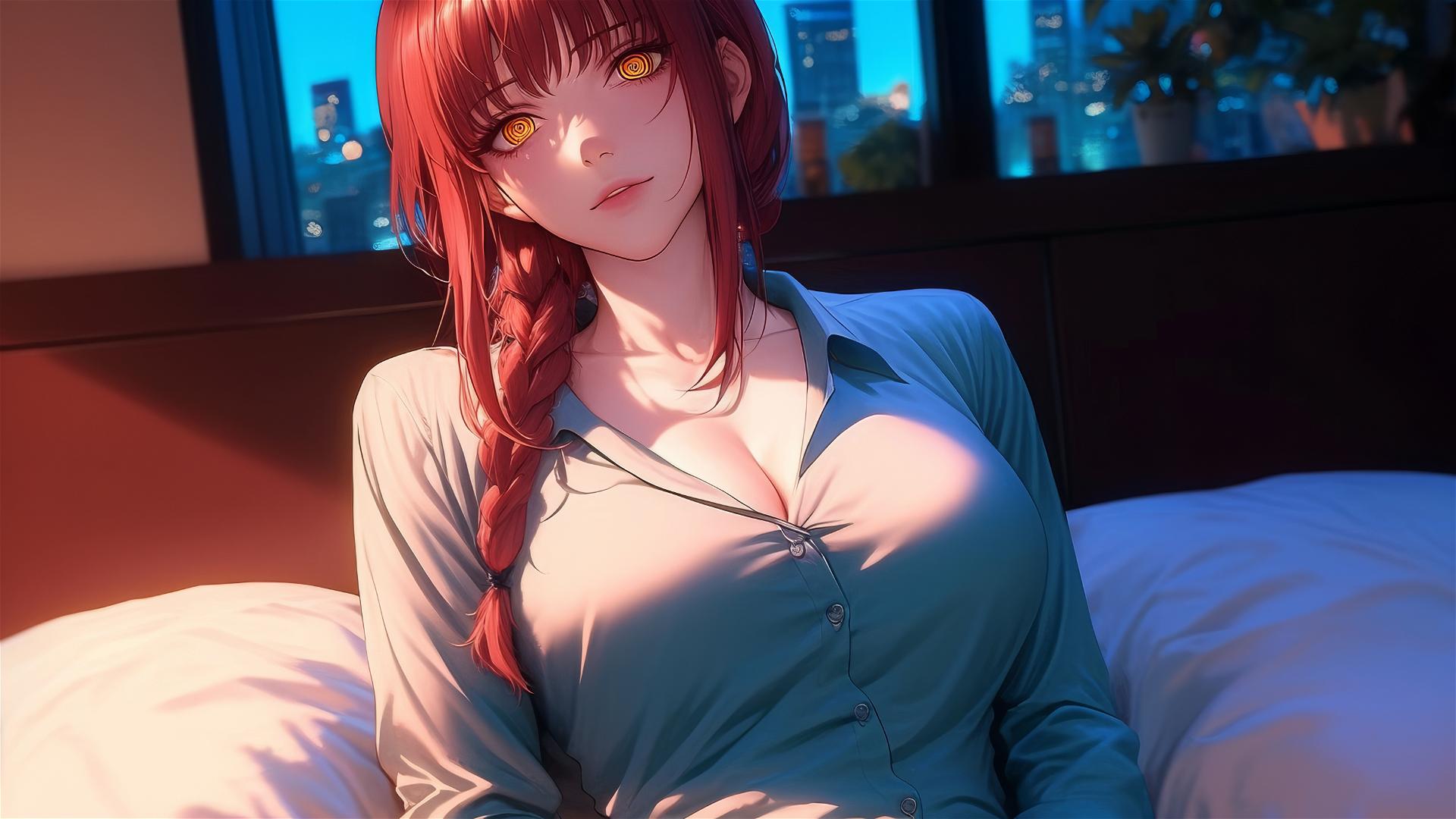 Makima from Chainsaw Man in pajamas on bed with reddish hair after swimming