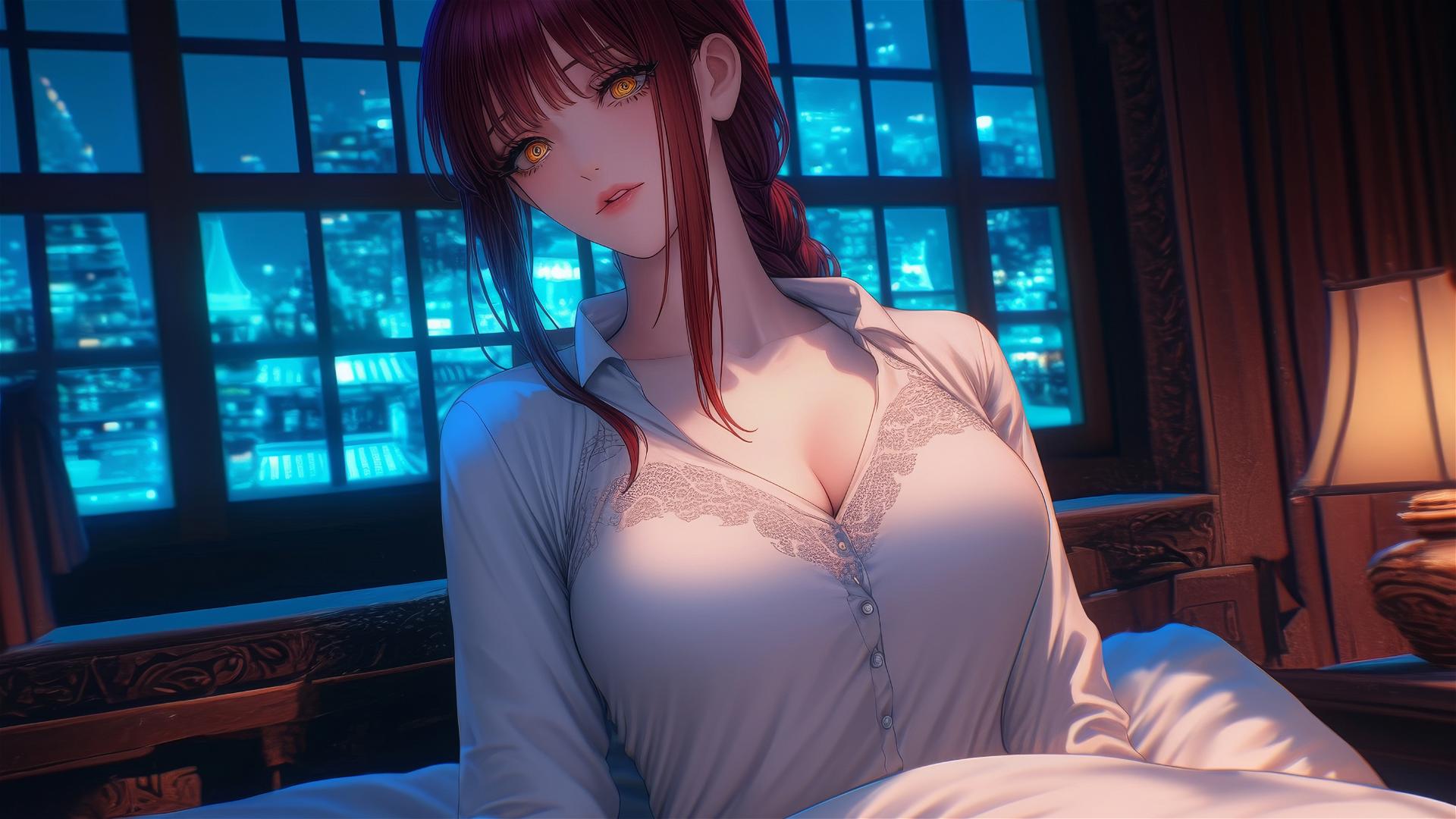 High angle of Makima from Chainsaw Man with reddish hair in bed.