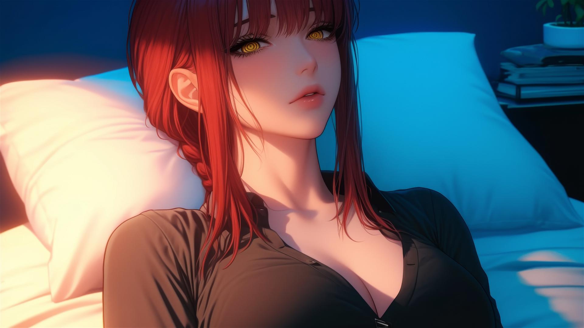 Makima from Chainsaw Man with reddish hair lying in bed from a high angle