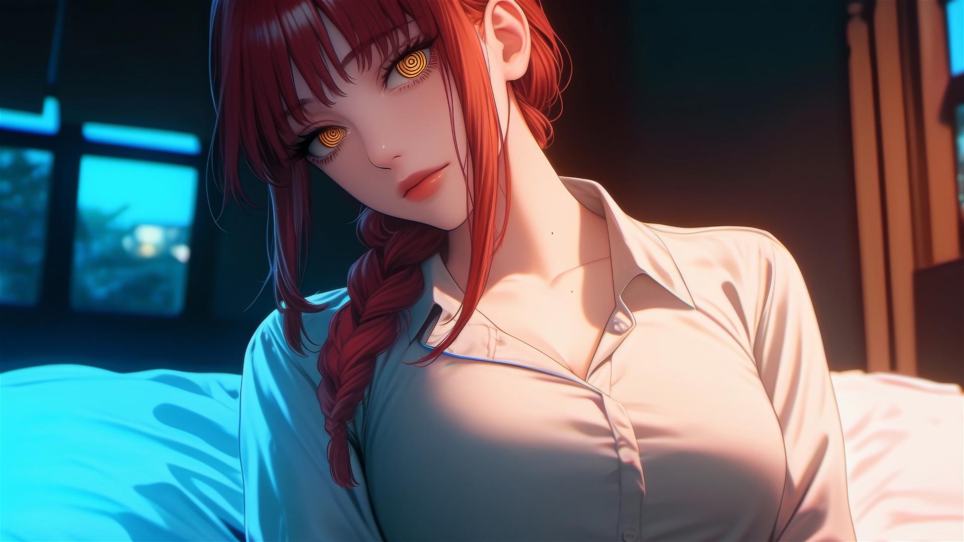 High angle view of Makima with reddish hair lying in bed