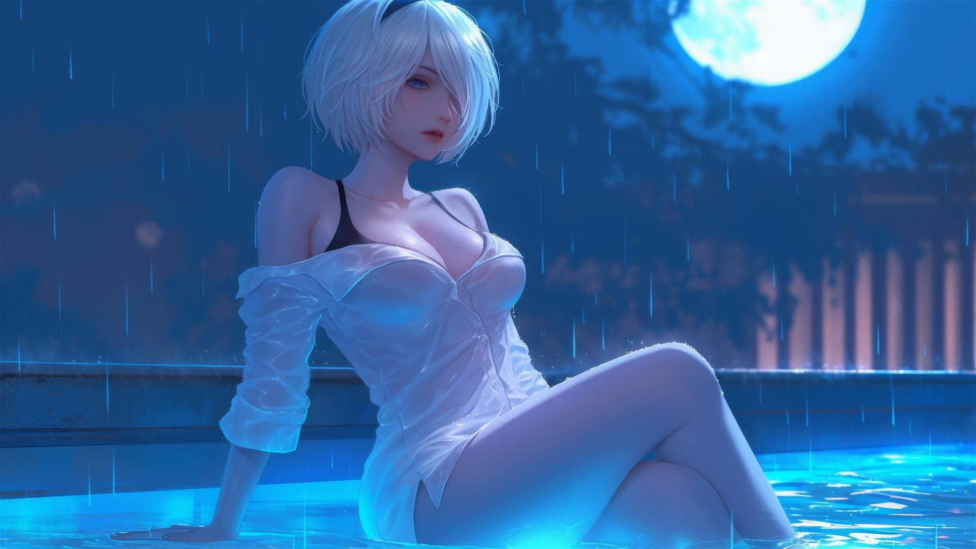 2B in white pajamas resting at a rainy pool under moonlight
