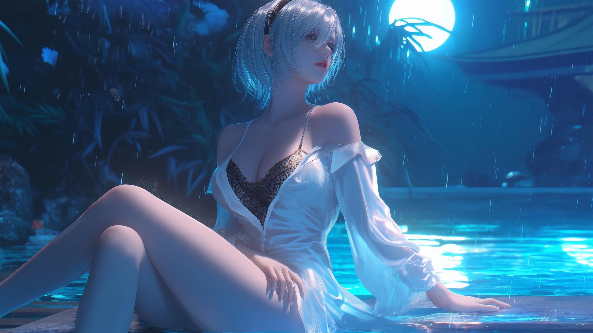 2B from Nier in casual white pajamas, relaxed and sitting by a rainy swimming pool under moonlight