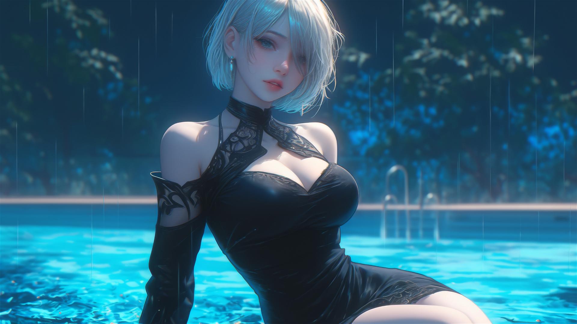 2B from Nier in casual attire sits relaxed by a rainy pool with moonlight glow.