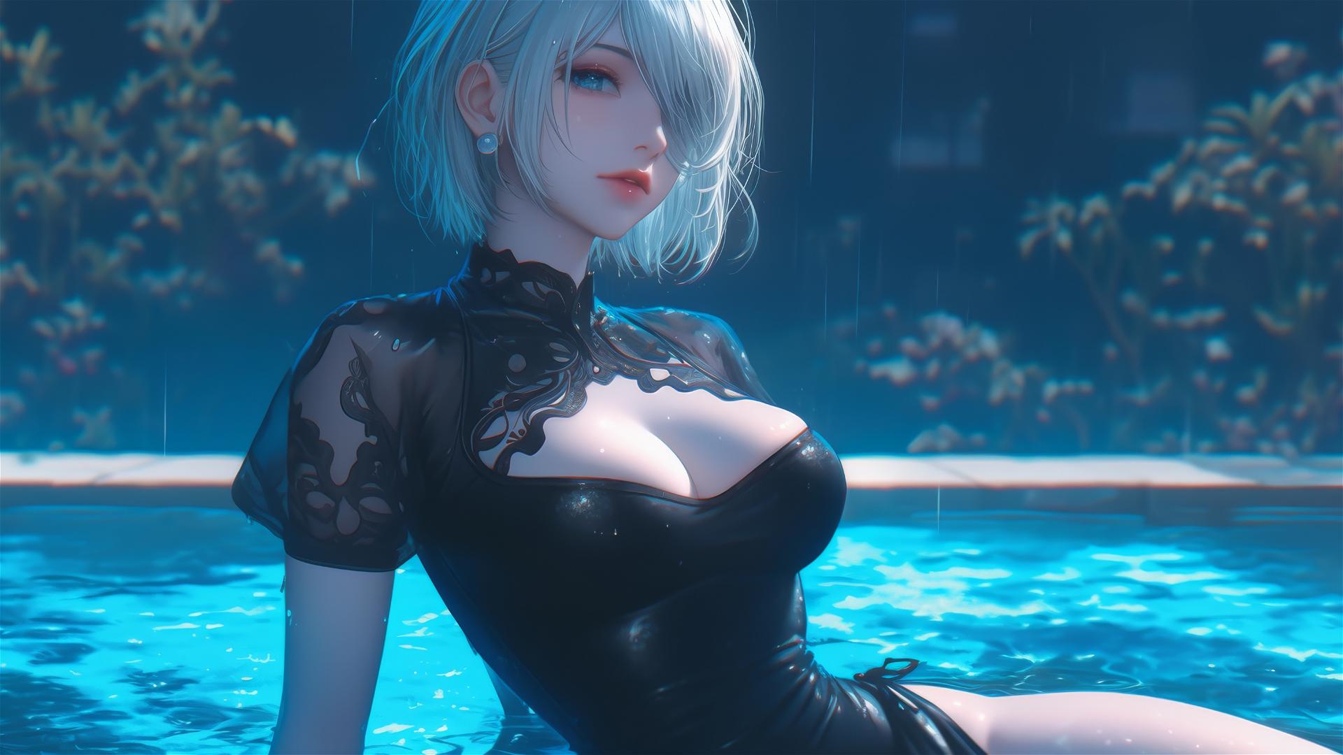 2B in casual attire resting at a rainy pool under moonlit glow