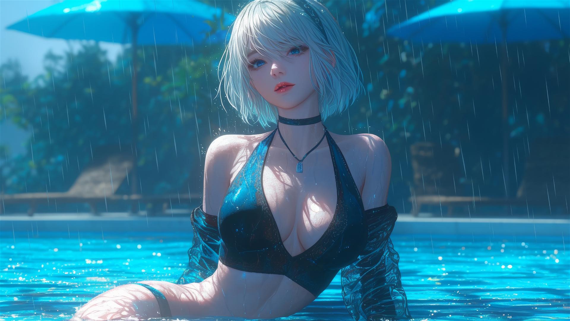 2B from Nier in casual attire sitting by a rainy swimming pool with moonlight