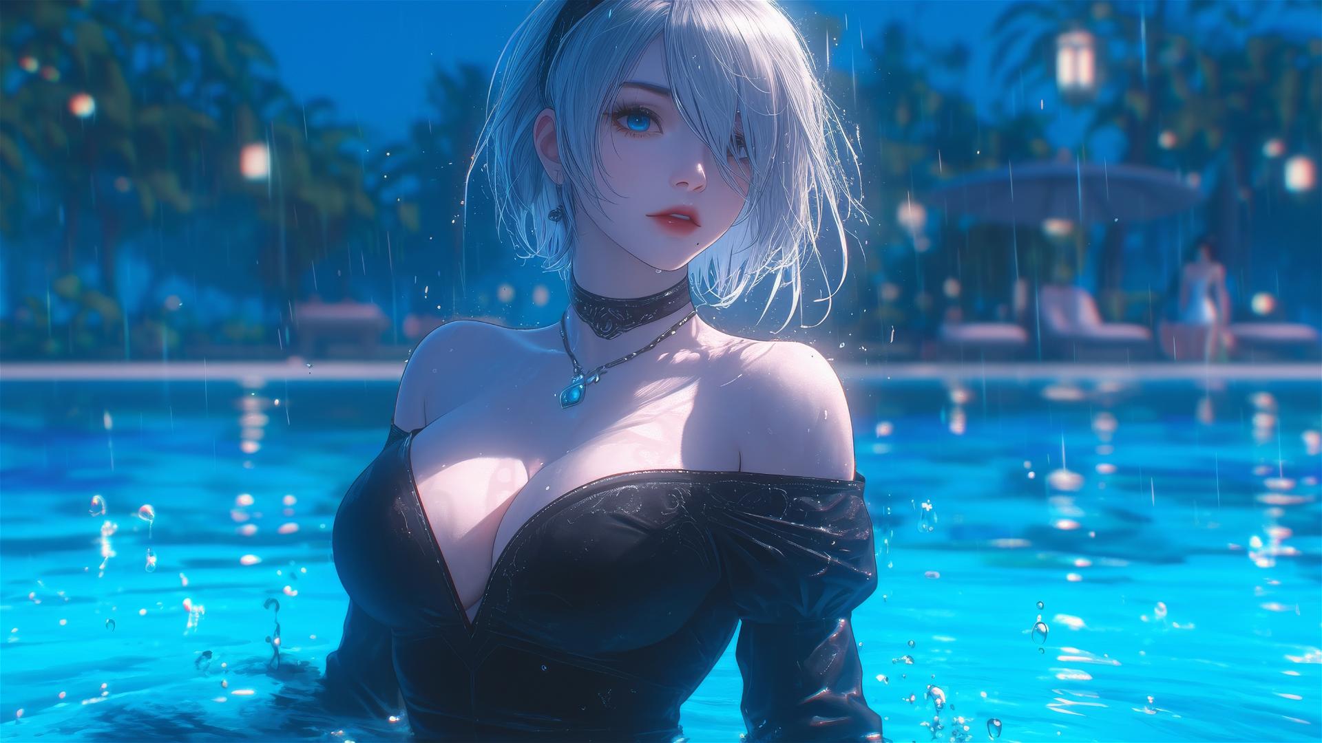 2B from Nier in pink, sitting relaxed by a rainy pool under moonlight.