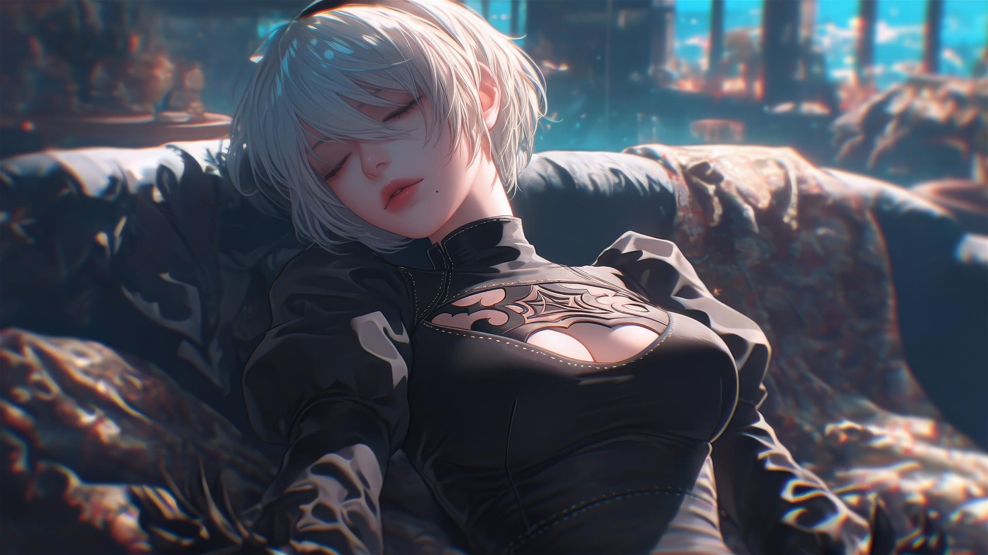 2B from Nier sitting in a modern hotel room with moonlight glow