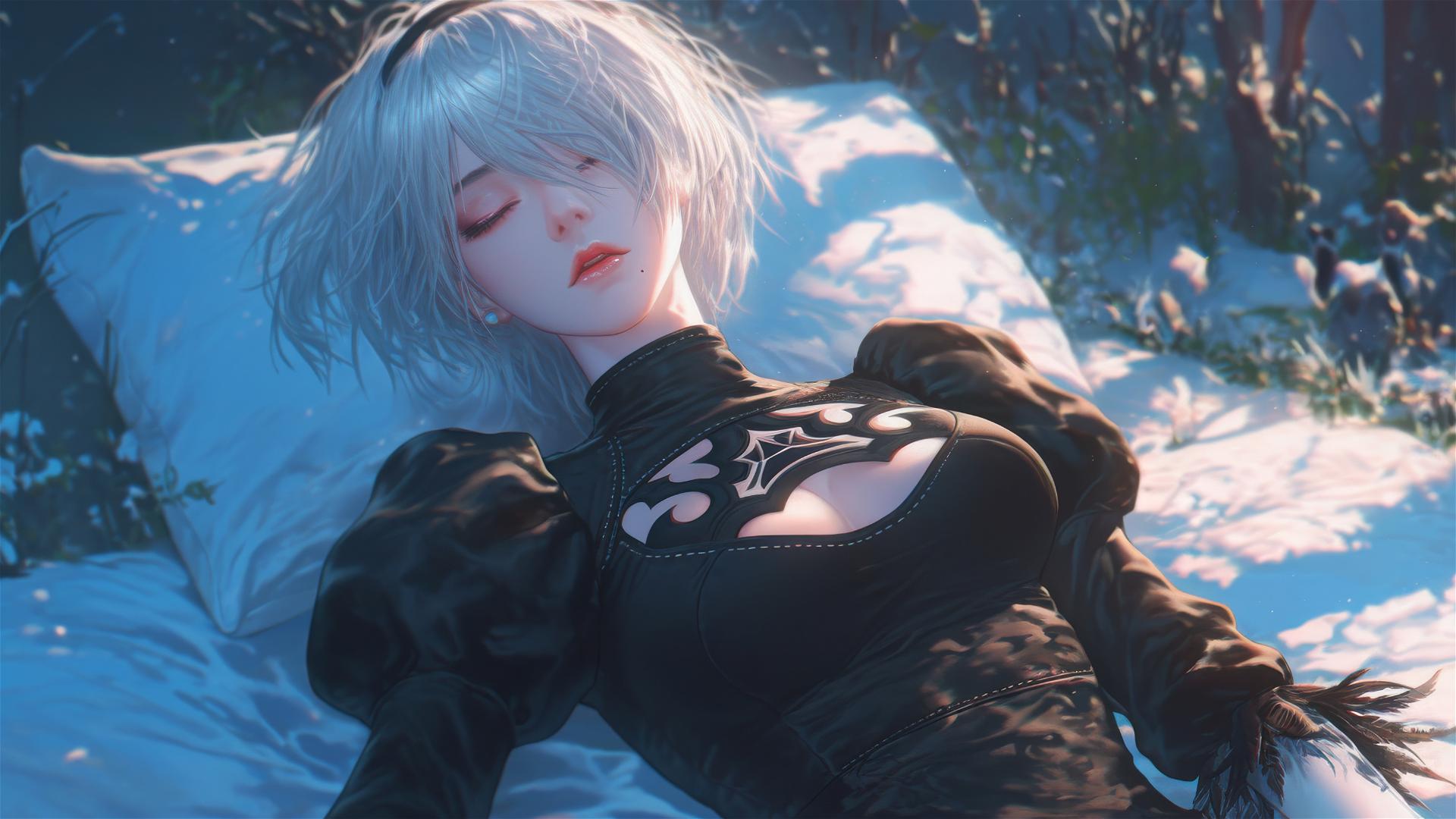 High angle view of 2B from Nier in bed with a relaxed posture and short hair.