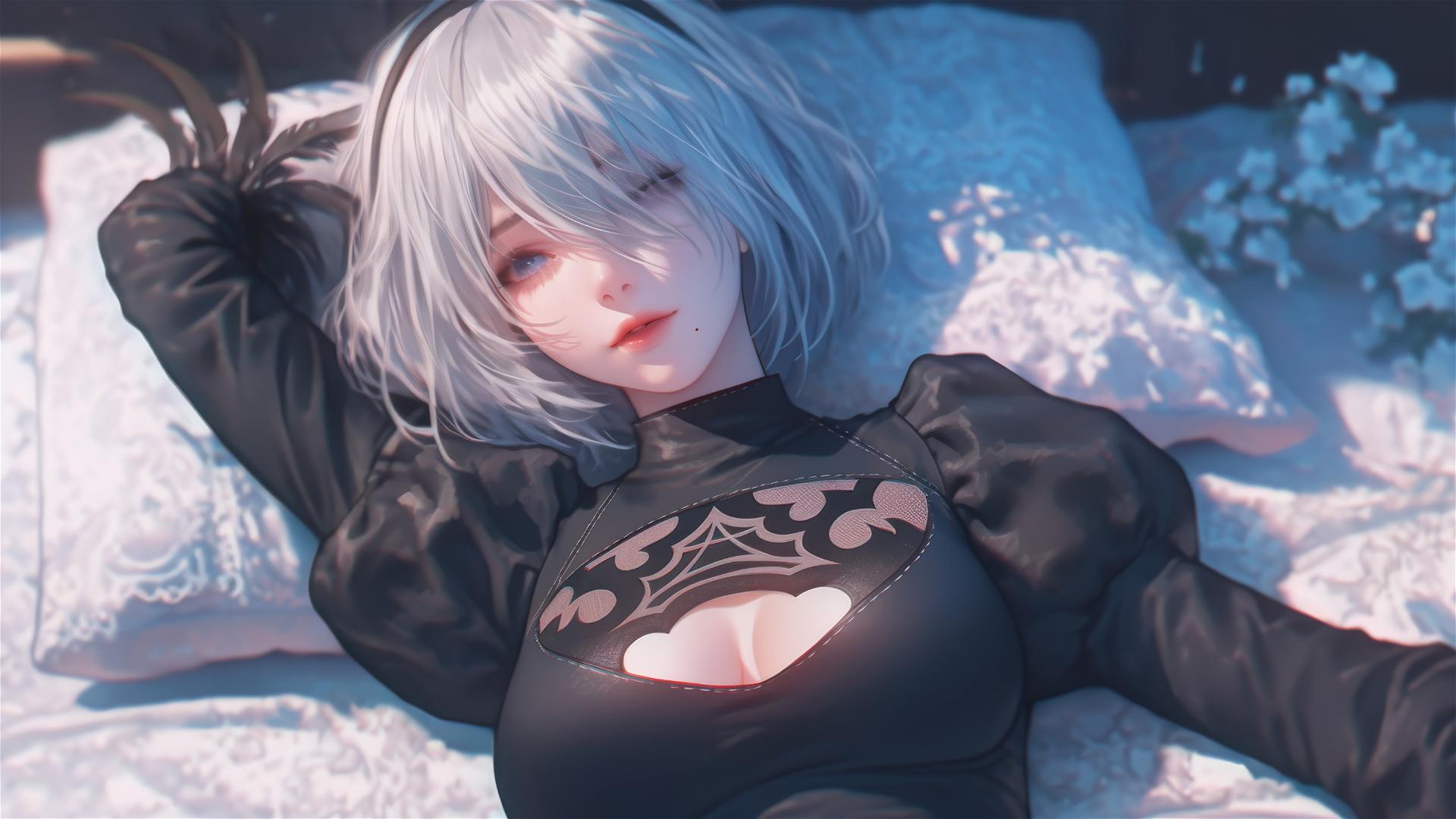 High angle view of 2B from Nier lying relaxed in bed with short hair
