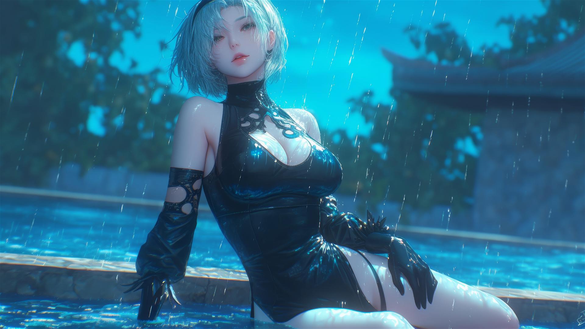 2B from Nier in pink, sitting relaxed by a rainy pool under moonlight
